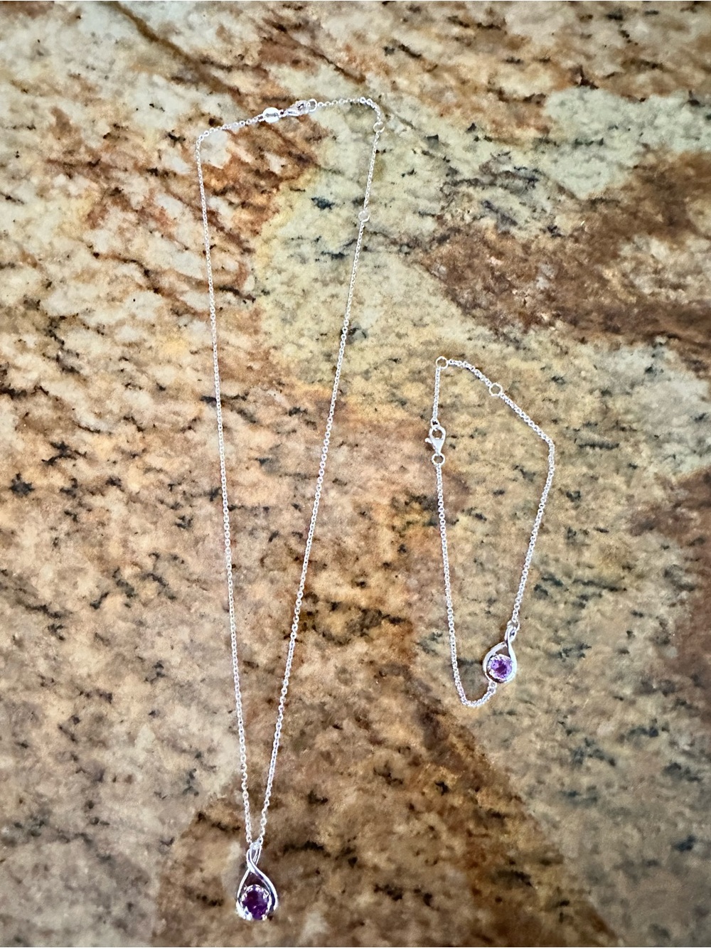 Sterling Silver Necklace and Bracelet Set with Purple Gemstone